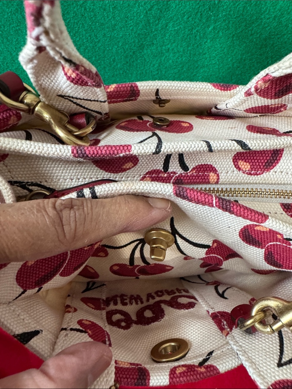 🍒Coach Cream Canvas Mini Tote with Pink Cherry Print and ❤️red Strap🍒 - Picture 9 of 17